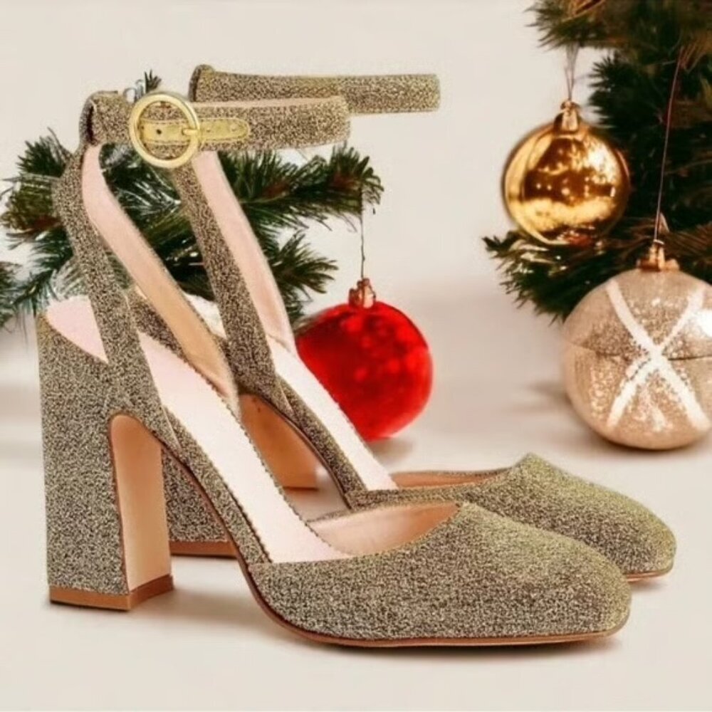 J.Crew Harlow Gold Glitter Pumps Block High Heels Square Toe NYE Christmas Party